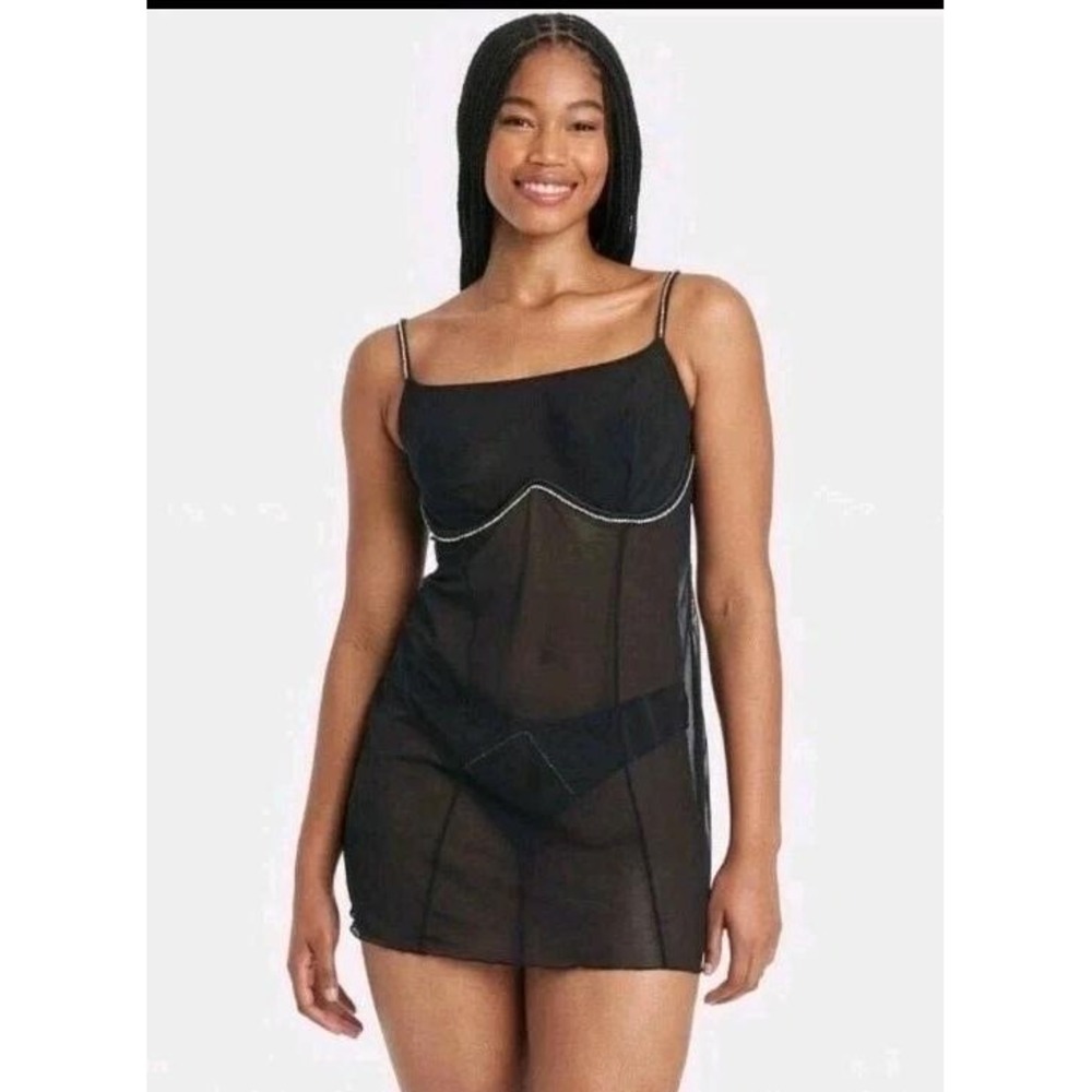 NWT Auden Black Sheer Rhinestone Babydoll Chemise Slip Dress Womens XL - Picture 3 of 11